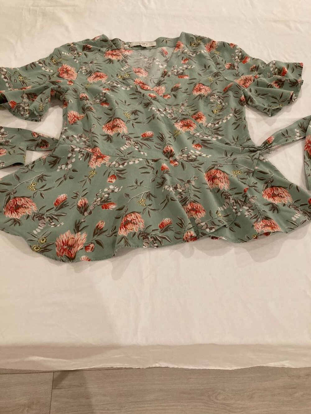 Loft Sage Green Floral Surplice Wrap Peplum Blouse Top S